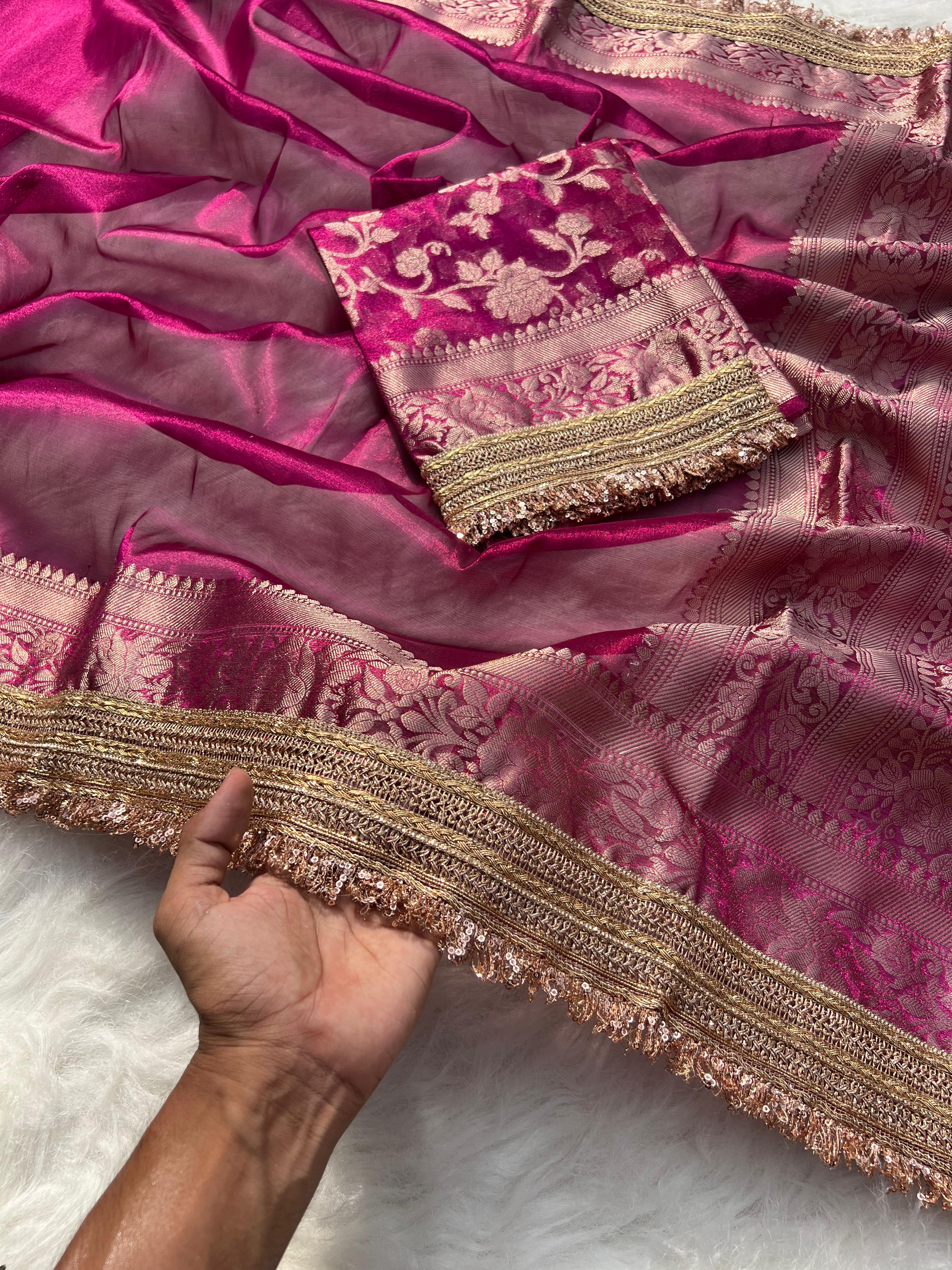 RangDhaaga Jahvni Kapoor Inspired Pink Banarasi Tissue Silk Saree with Rich Pallu and Lacework